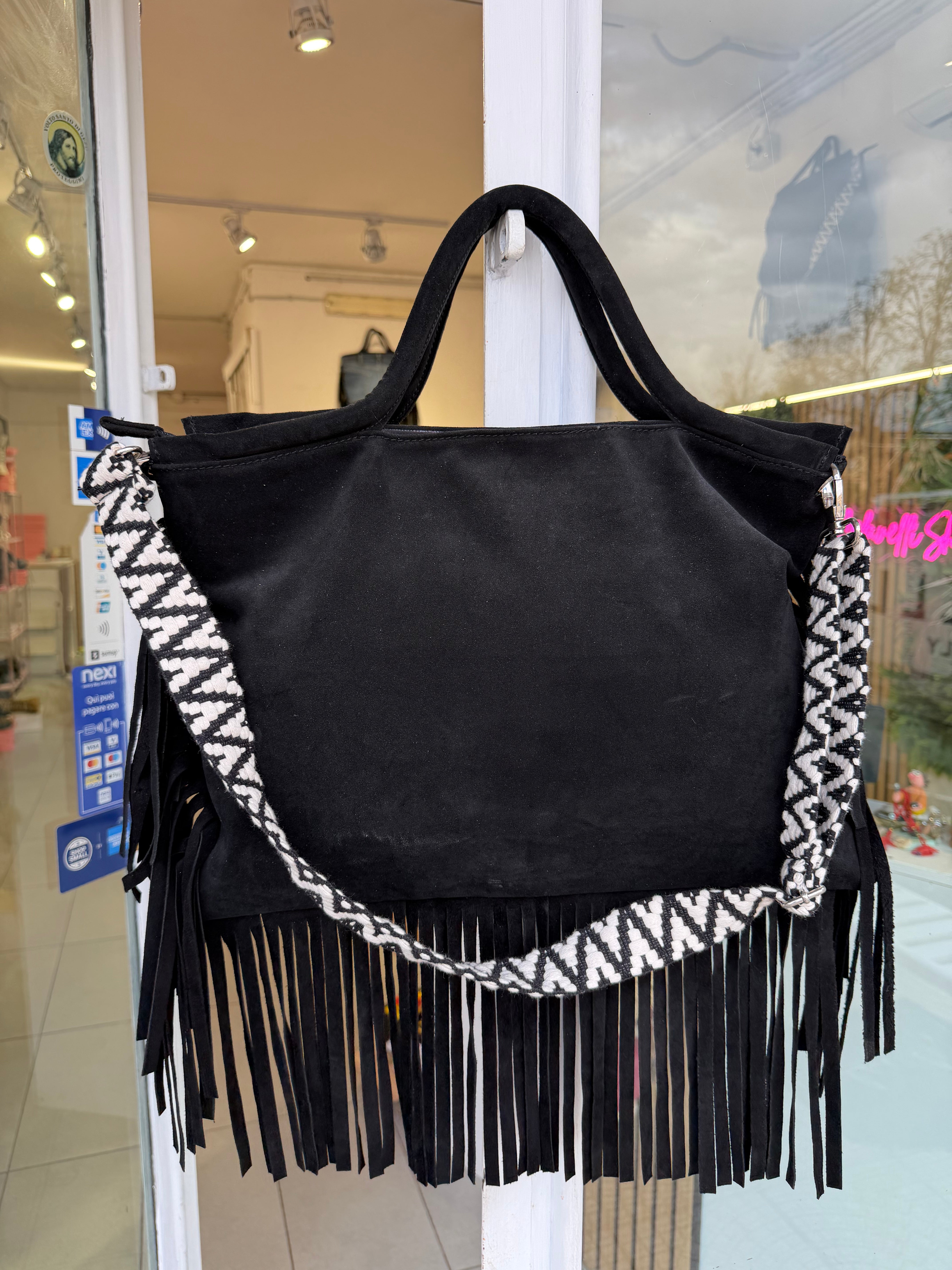 Jumbo bag camoscio nero tracolla b/n