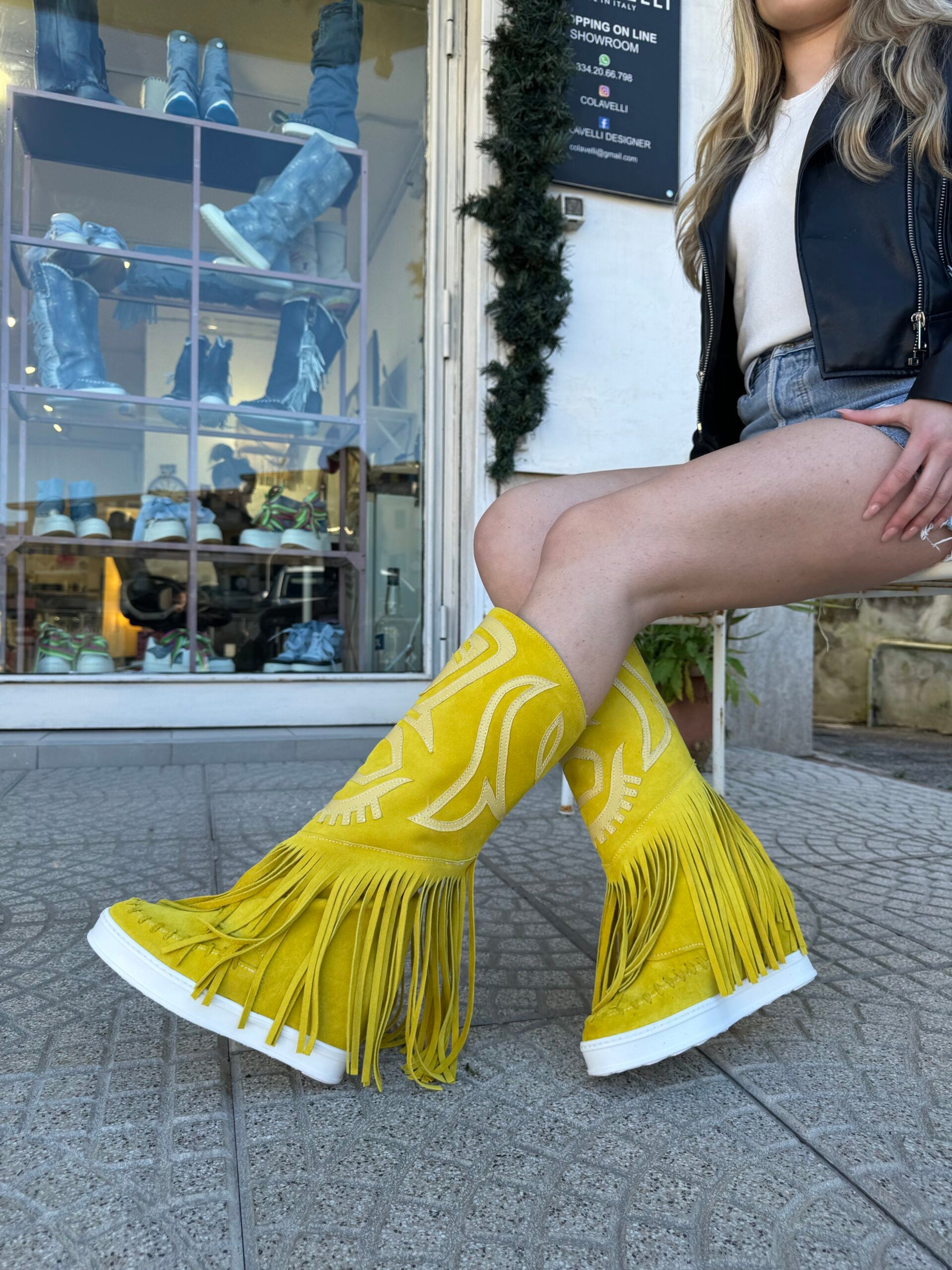 Santhoo mid jeans rip cam yellow