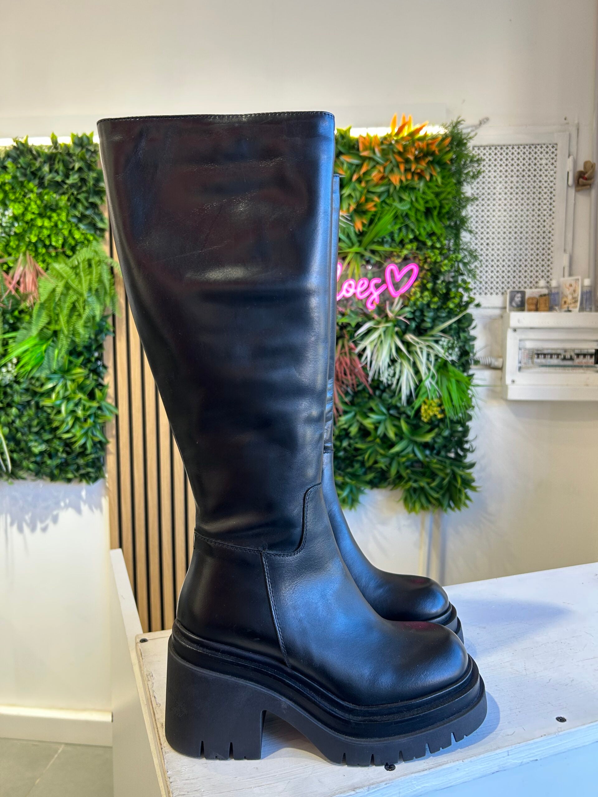 Black leather platform boot